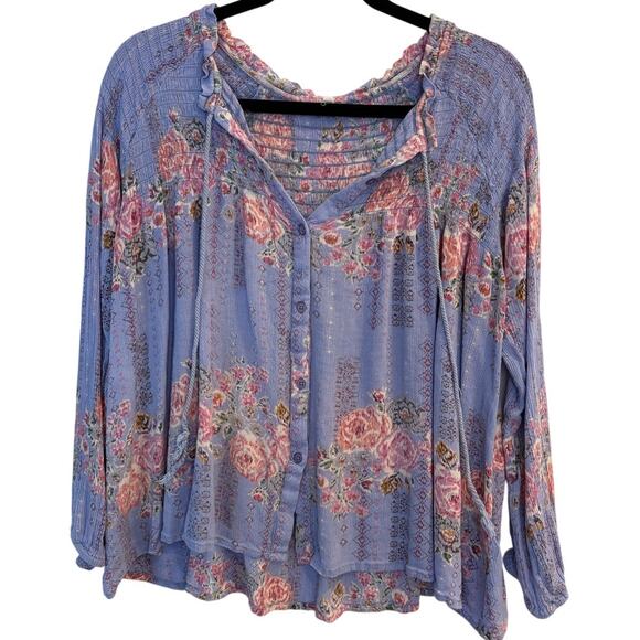 En Creme Tops - En Crème Lavender Floral Smocked Blouse Button Down Boho Peasant Top Size Small